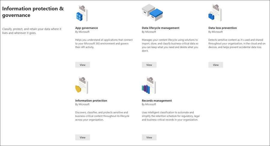 Sezione Protezione delle informazioni e governance del catalogo delle soluzioni Microsoft Purview.