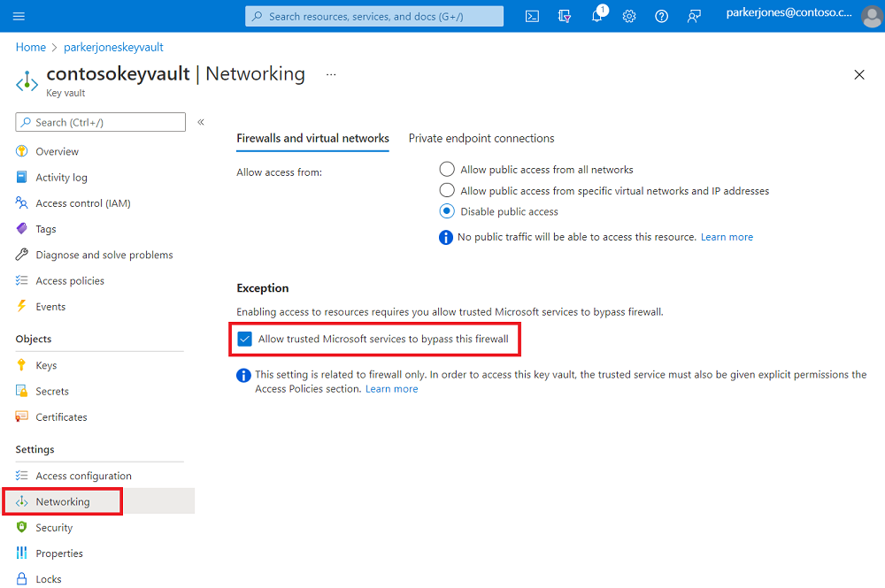 Azure Key Vault pagina di rete con la funzionalità Consenti ai servizi Microsoft attendibili di ignorare questa funzionalità del firewall abilitata.