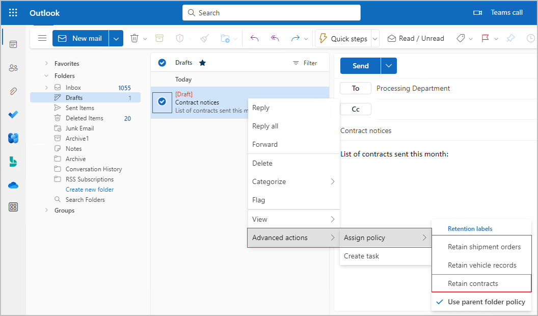 Assegnare il menu dei criteri in Outlook sul web.