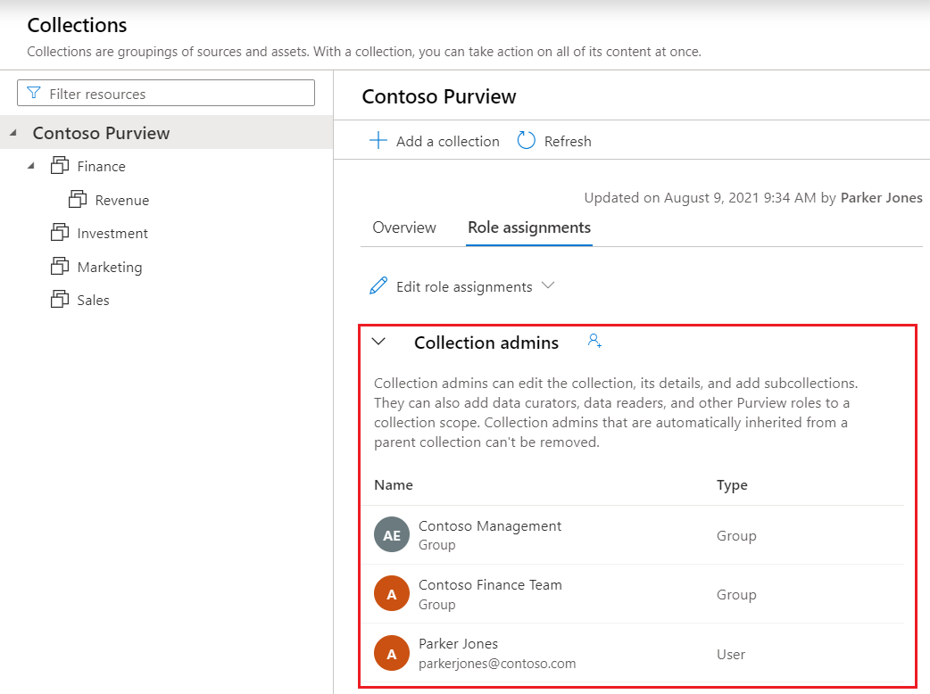 Screenshot della finestra del portale di governance di Microsoft Purview, aperta alla mappa dati, con la sezione amministratore raccolta evidenziata.