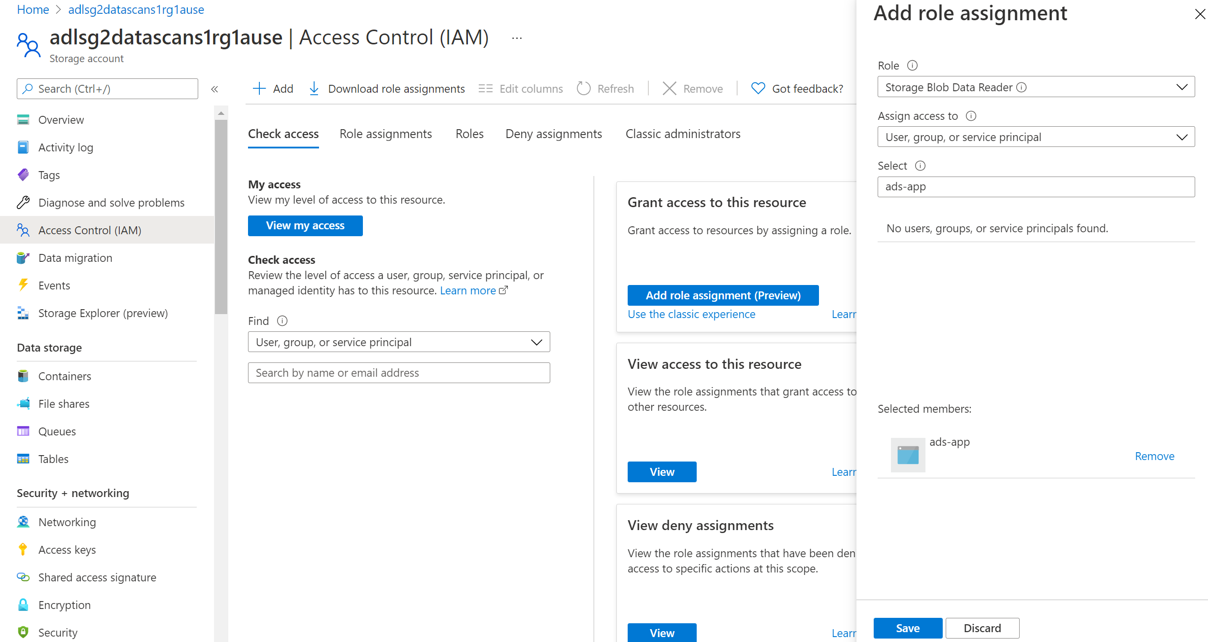 Screenshot che mostra i dettagli per fornire le autorizzazioni dell'account di archiviazione all'entità servizio