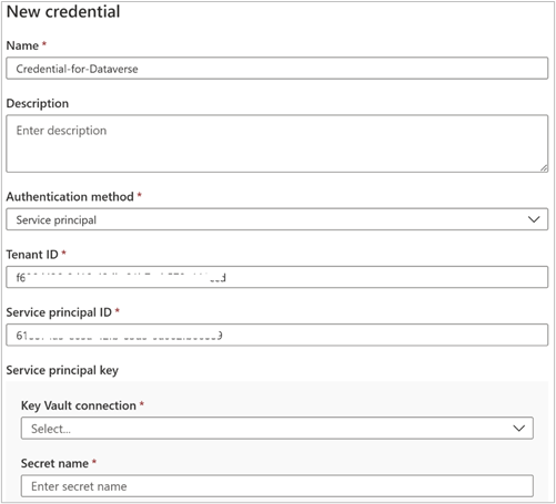 Screenshot che mostra un esempio per la creazione di credenziali in Microsoft Purview.