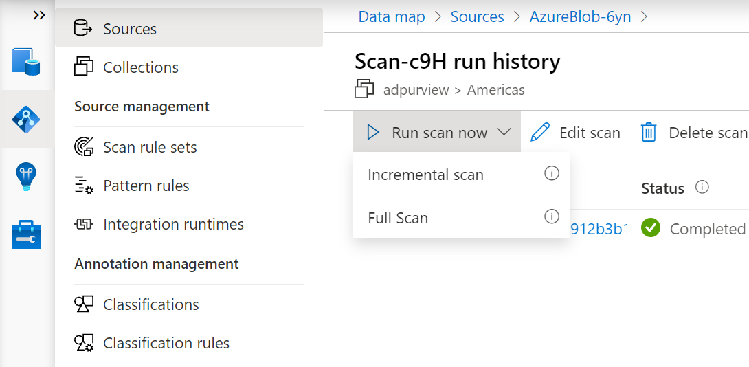 Screenshot del pulsante Esegui ora l'analisi che mostra le opzioni di analisi completa e incrementale.