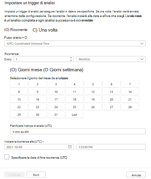 Screenshot della pagina imposta un trigger di analisi che mostra una pianificazione mensile ricorrente.