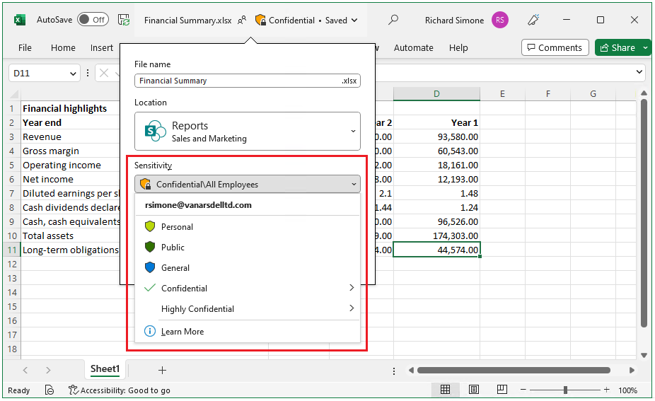 Etichetta di riservatezza sulla barra multifunzione e sulla barra di stato di Excel