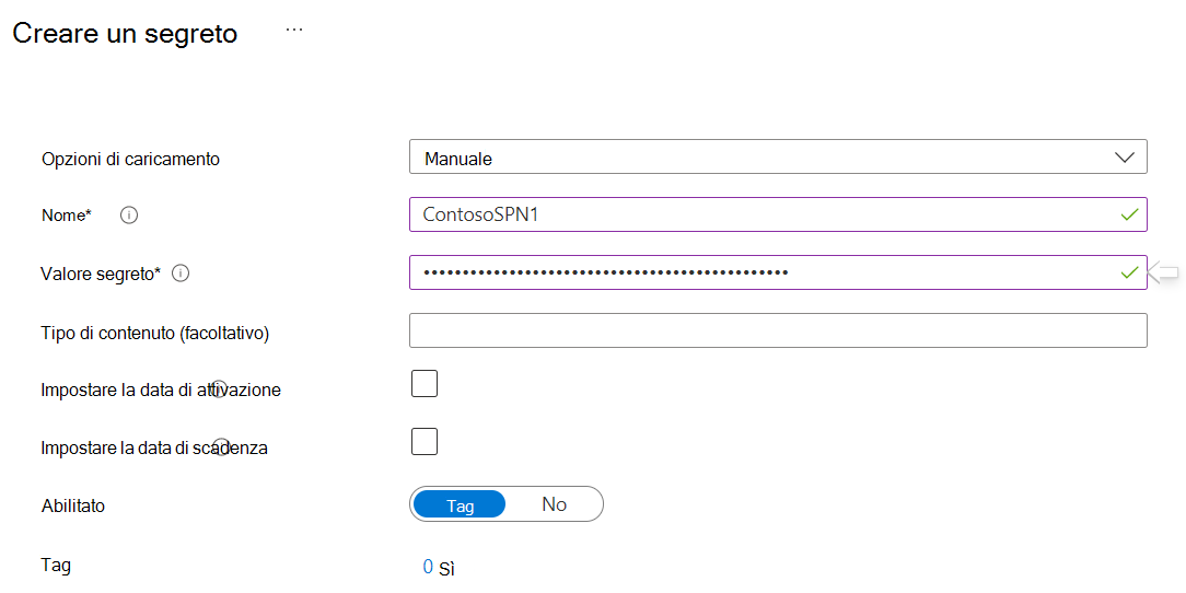 Screenshot di come generare un segreto di Key Vault di Azure per SPN.