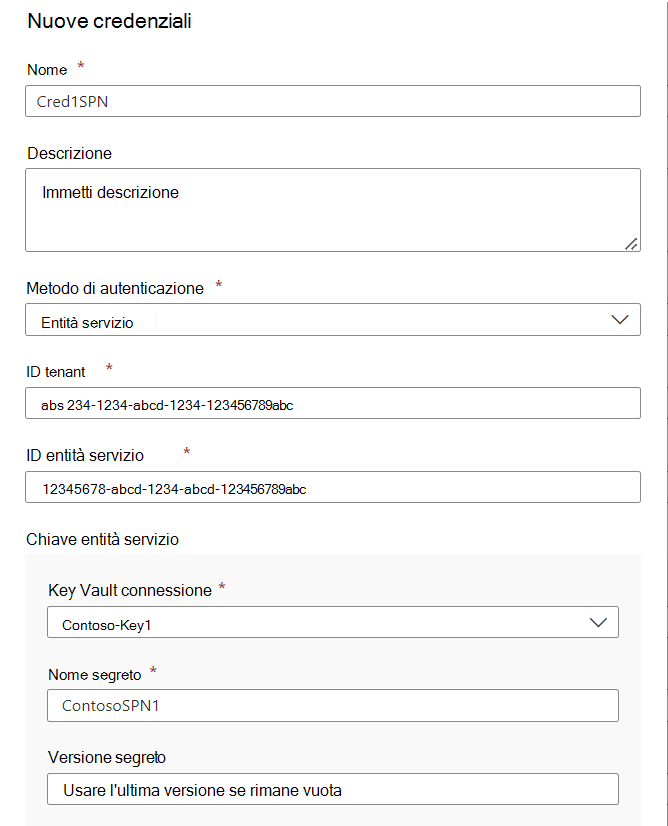 Screenshot del nuovo menu delle credenziali, che mostra le credenziali dell'infrastruttura per SPN con tutti i valori obbligatori forniti.