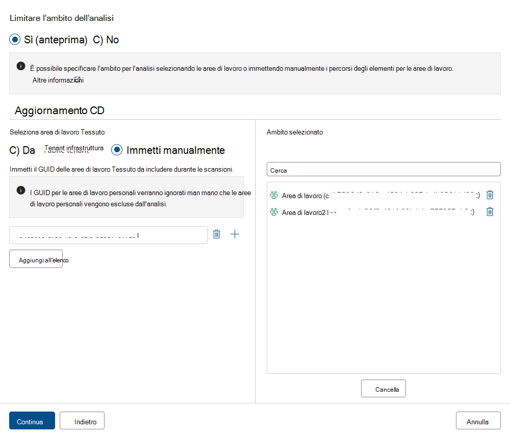 Screenshot che mostra l'opzione Ambito analisi con l'opzione Sì selezionata e l'input manuale.