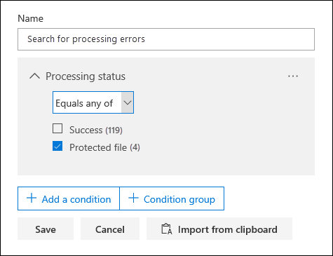 Utilizzare la condizione di stato elaborazione per cercare i documenti di errore.