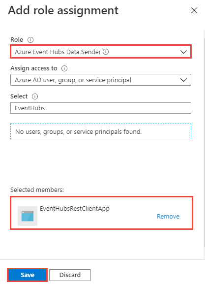 Screenshot che mostra l'aggiunta dell'app al ruolo Hub eventi di Azure Mittente dati.