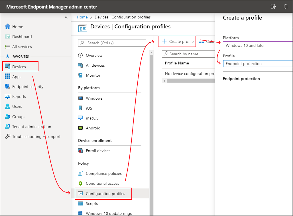 Screenshot di Create a profile in Devices Configuration profiles for Windows 10 (Crea un profilo in Dispositivi profili di configurazione per Windows 10).