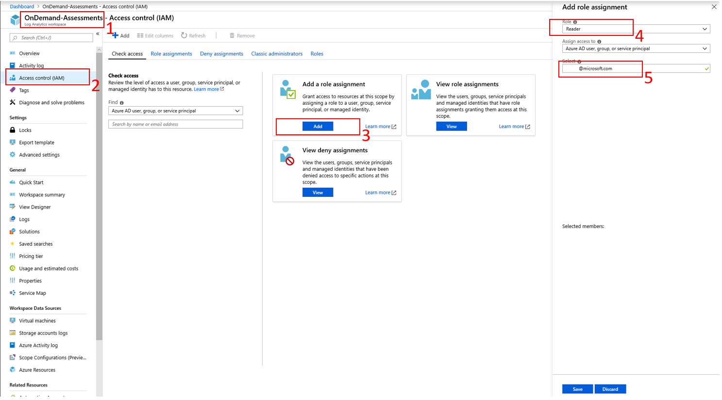 Il Pannello di controllo di accesso ad Azure con le opzioni evidenziate.