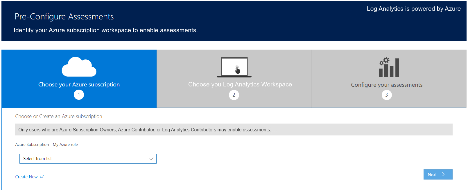 La pagina Preconfigura valutazioni con il passaggio Scegli la sottoscrizione di Azure evidenziato.