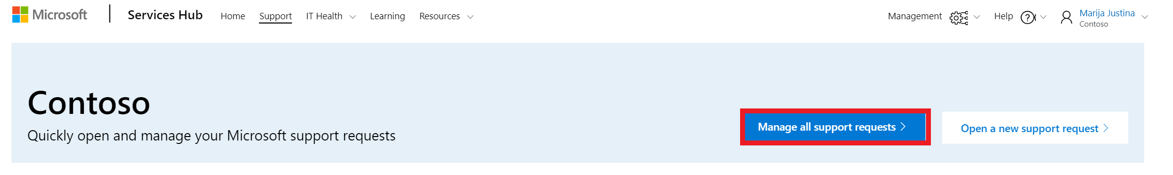 Pagina di Microsoft Services Hub, in cui è evidenziato il pulsante Gestisci tutte le richieste di supporto.