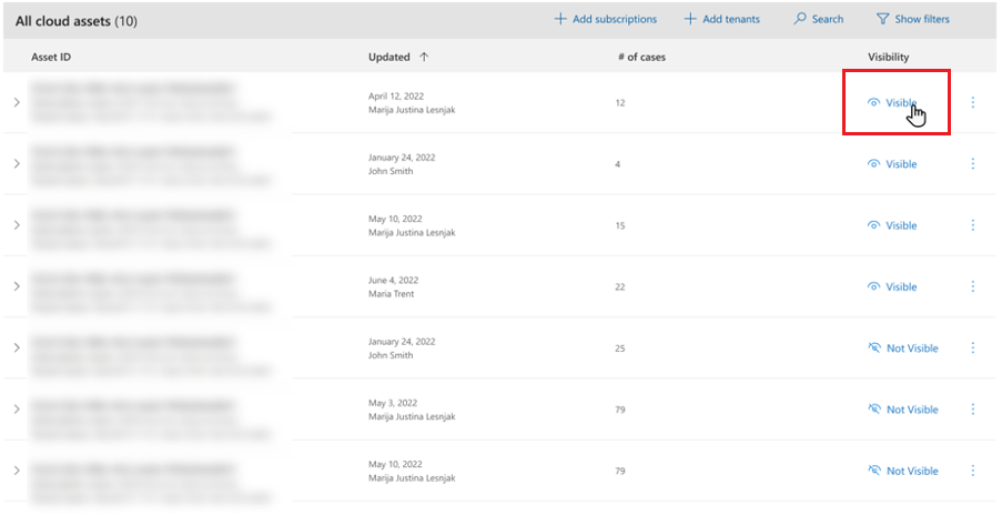 Pulsante di attivazione della visibilità nella dashboard Visibilità delle richieste di supporto cloud.