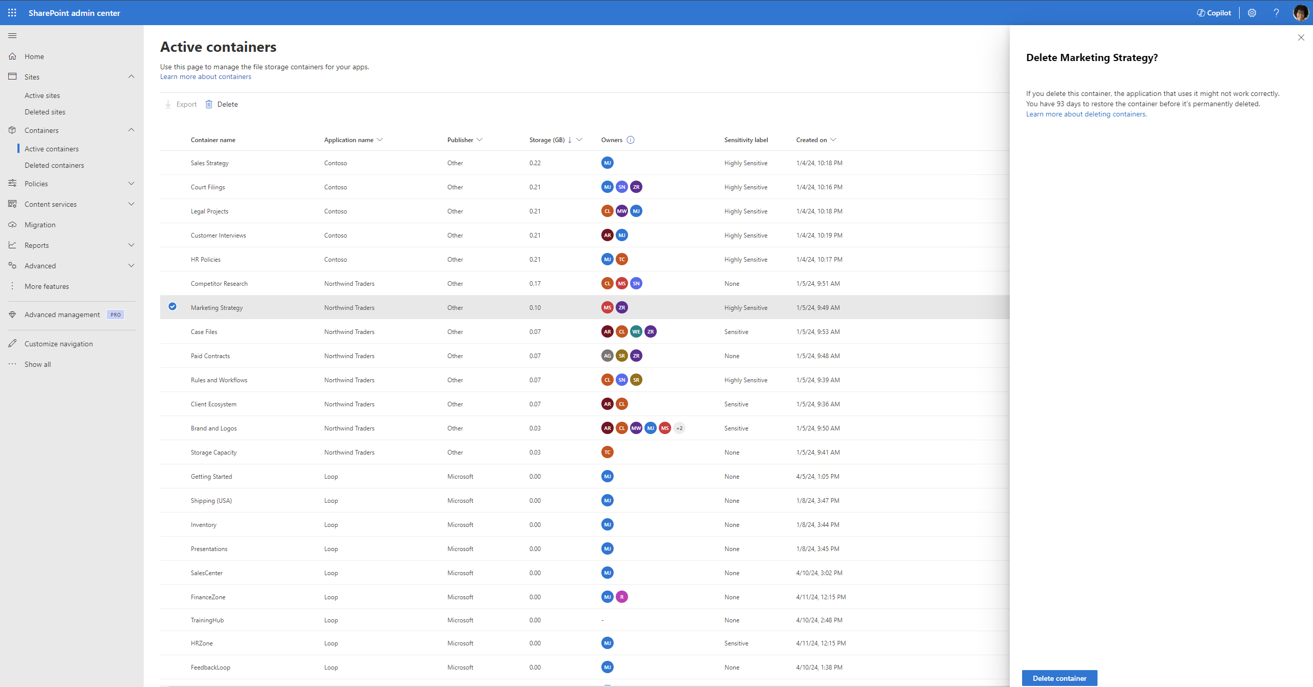 Container deletion selection