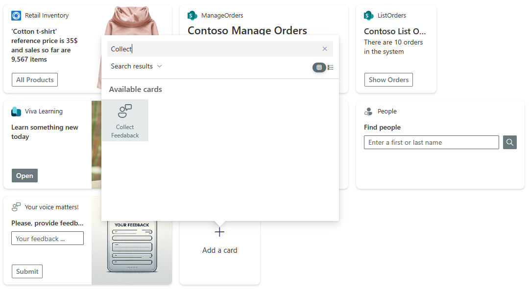 The UI of the new Viva Connections Dashboard while adding a new ACE. There is the new Collect Feedback ACE available in the list of Adaptive Card Extensions. There is also the rendering of the sample ACE in background, already inserted in the Viva Connections Dashboard.