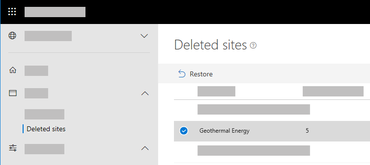 Screenshot che mostra i siti eliminati nella nuova interfaccia di amministrazione di SharePoint