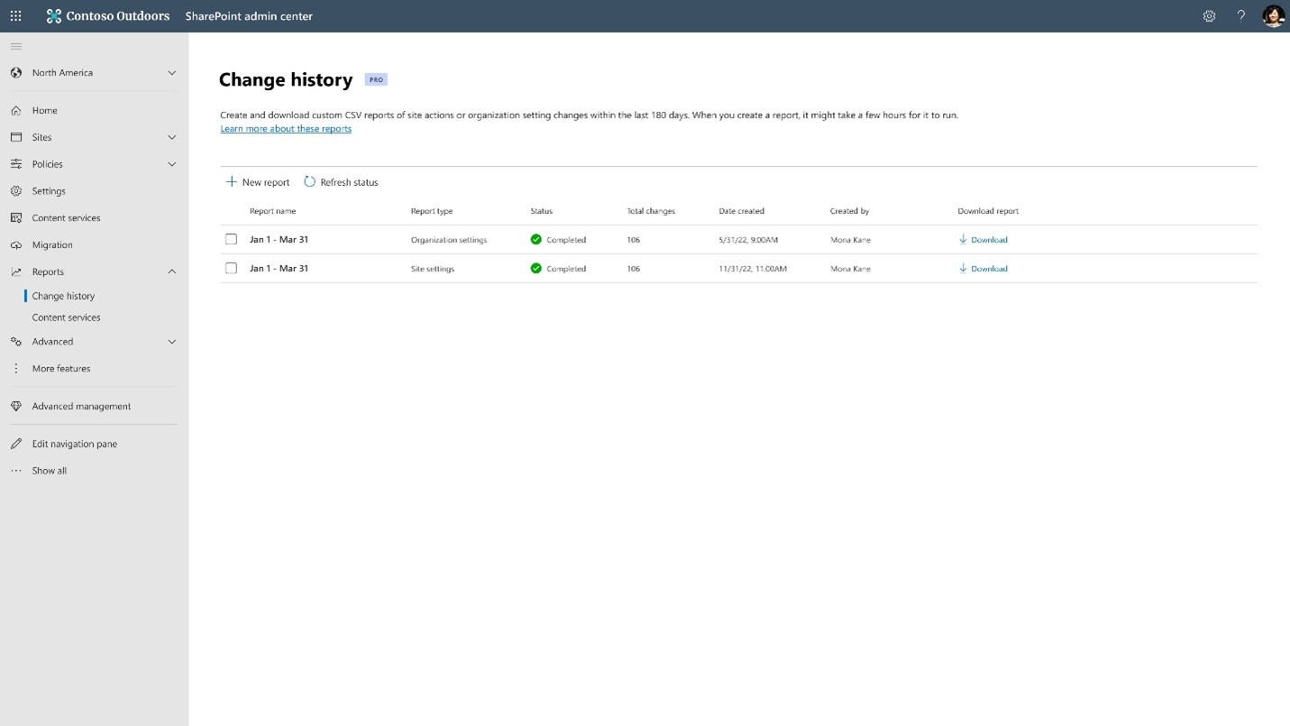 Screenshot del dashboard del report della cronologia delle modifiche.