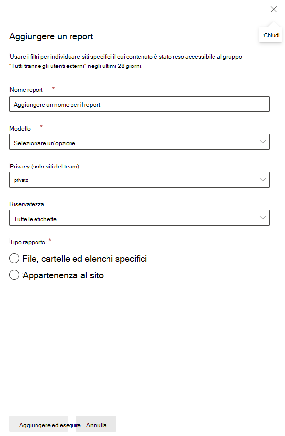 Screenshot che mostra la creazione di un report di tutti gli utenti tranne quelli esterni