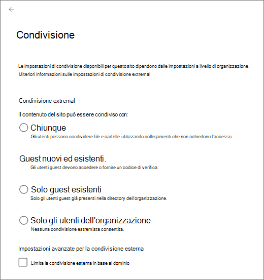 Modifica dell'impostazione di condivisione esterna per un sito