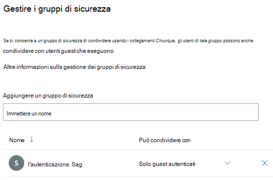 Screenshot del riquadro Gestisci gruppi di sicurezza.