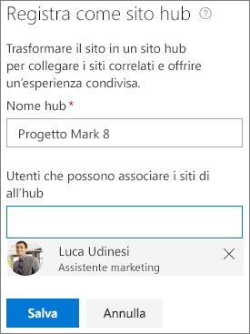 Screenshot della finestra di dialogo di registrazione come sito hub nell'interfaccia di amministrazione di SharePoint