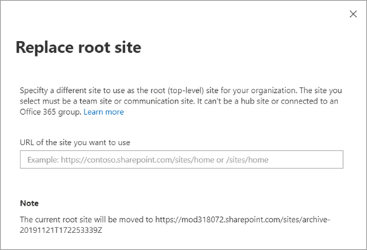 Pannello Sostituisci sito radice nella nuova interfaccia di amministrazione di SharePoint