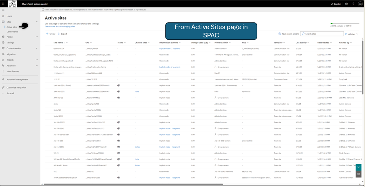 Screenshot del primo passaggio per accedere alla pagina dei siti attivi in SPAC