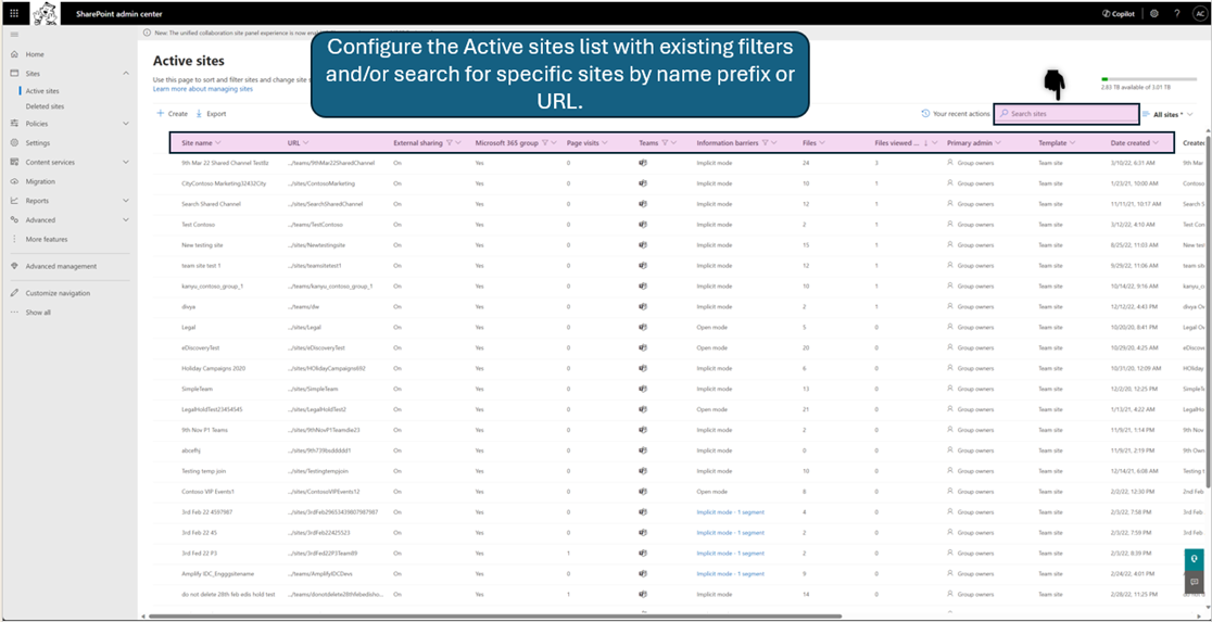 Screenshot dell'uso delle funzioni di filtro e ordinamento per ordinare la pagina dei siti attivi in SPAC