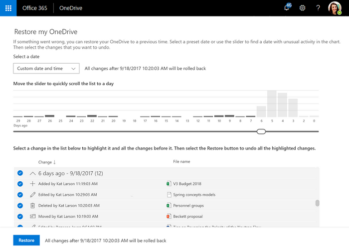 Screenshot della pagina Ripristina OneDrive in Microsoft 365.