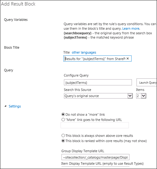 Screenshot della finestra di dialogo Aggiungi blocco risultati in SharePoint Server 2013