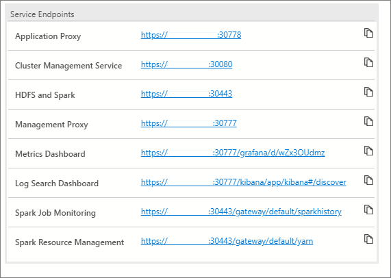 Screenshot di Azure Data Studio che mostra gli endpoint servizio.