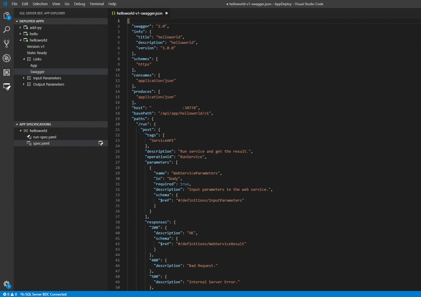 Screenshot che mostra l'interfaccia utente di Visual Studio Code che mostra il file swagger.json.