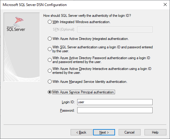 Schermata di creazione e modifica del DSN con l'autenticazione tramite entità servizio di Microsoft Entra selezionata.