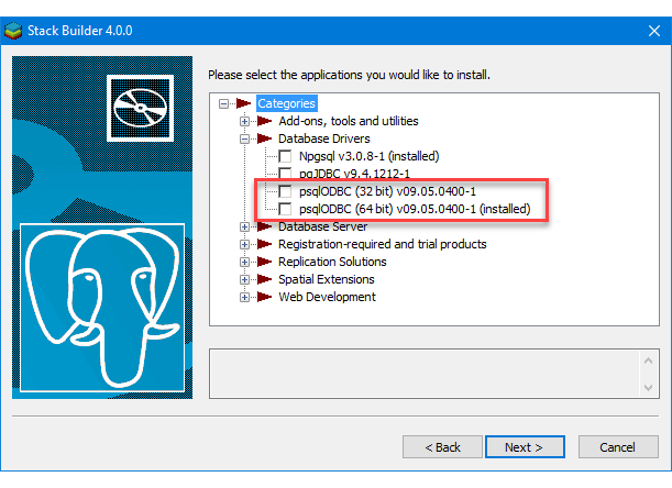 Screenshot dell'installazione del driver ODBC PostgreSQL con il generatore di stack.