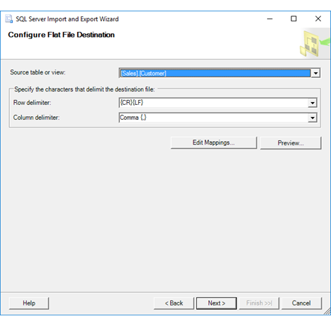 Pagina Configurazione destinazione file flat dell'Importazione/Esportazione guidata