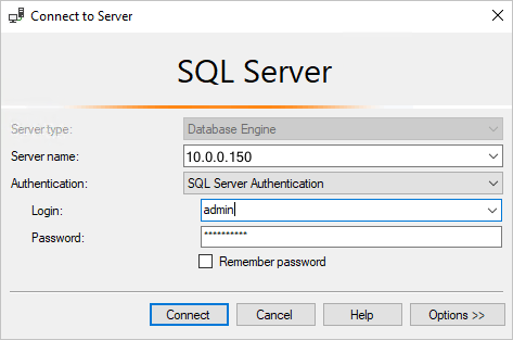 Screenshot di SQL Server Management Studio: Connettersi a un server di database SQL.