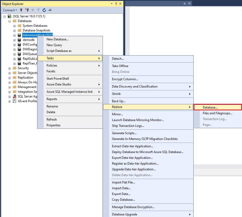 Screenshot della selezione Ripristina database in SQL Server Management Studio.