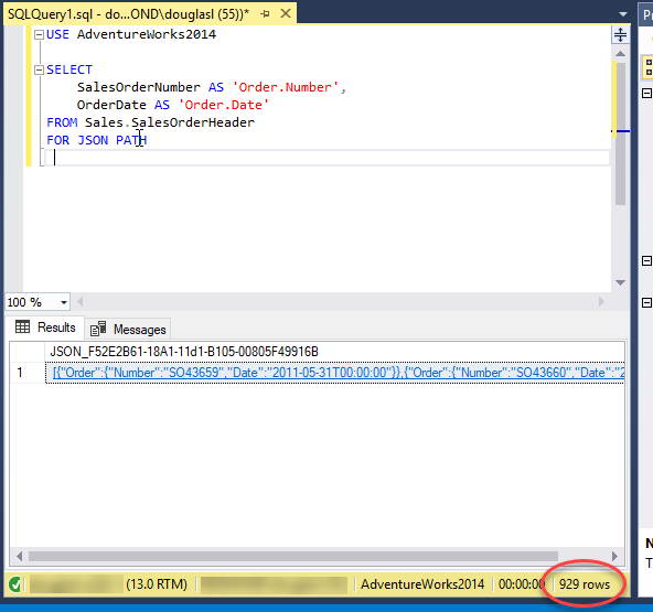 Screenshot dell'output FOR JSON in SQL Server Management Studio.