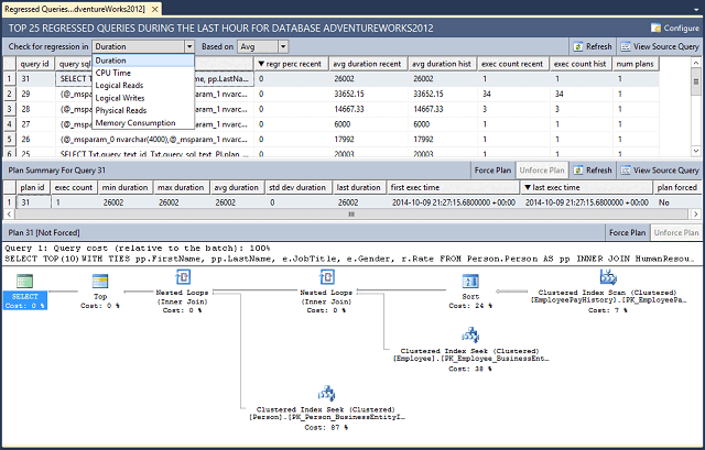 Screenshot delle query regredite di SQL Server in Esplora oggetti di SSMS.