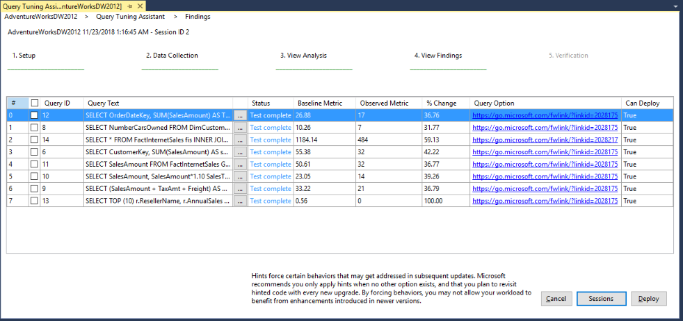 Passaggio 4 dell'Assistente ottimizzazione query