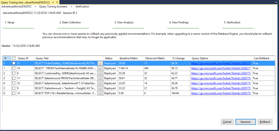 Passaggio 5 dell'Assistente ottimizzazione query - Rollback