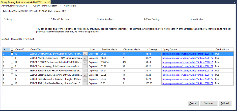 Passaggio 5 dell'Assistente ottimizzazione query