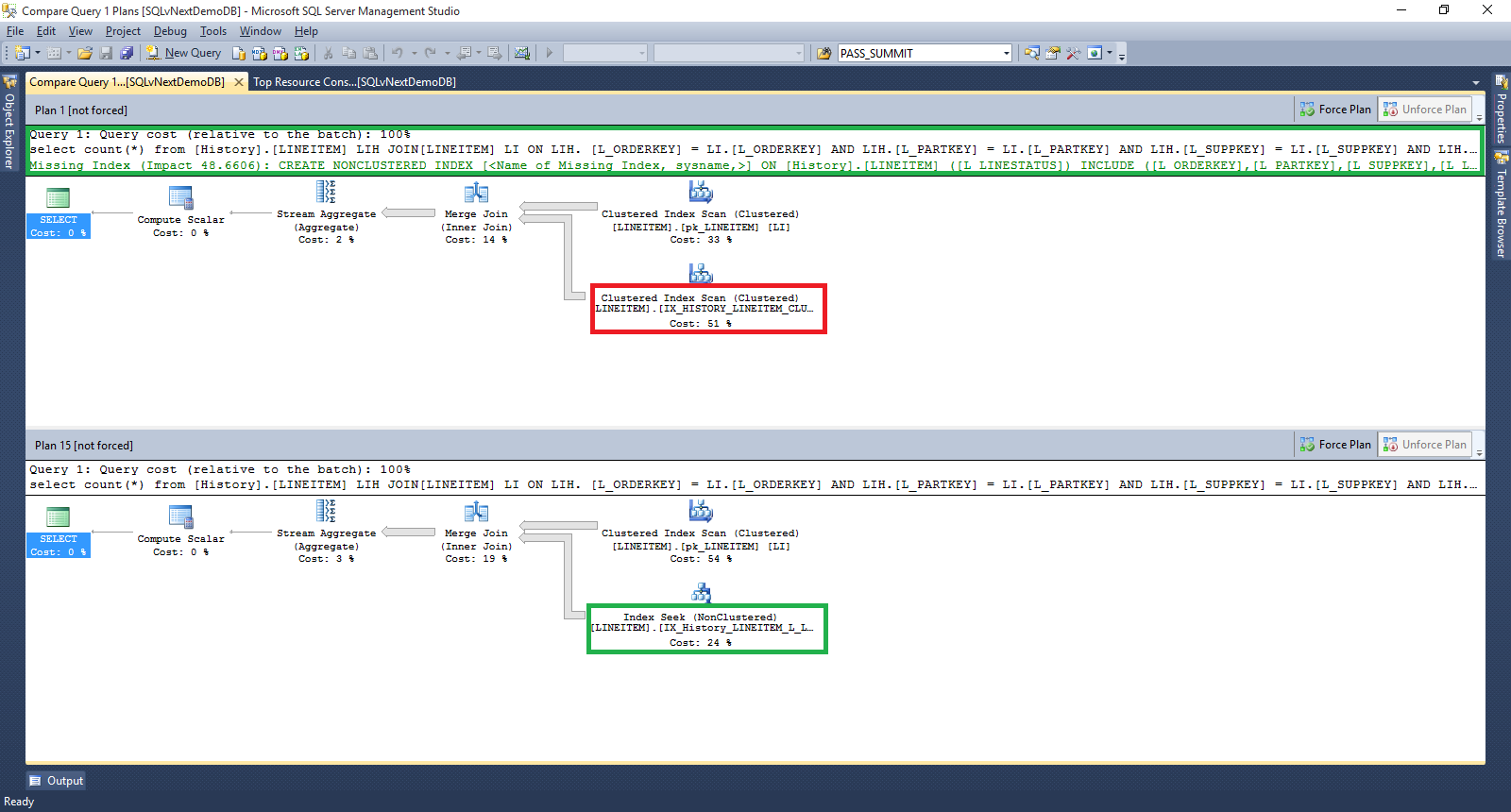 Screenshot che mostra Query Store e l'opzione della barra degli strumenti Confronta i piani per la query selezionata in una finestra separata.