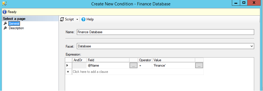 Creare la nuova condizione 'Database Finance'