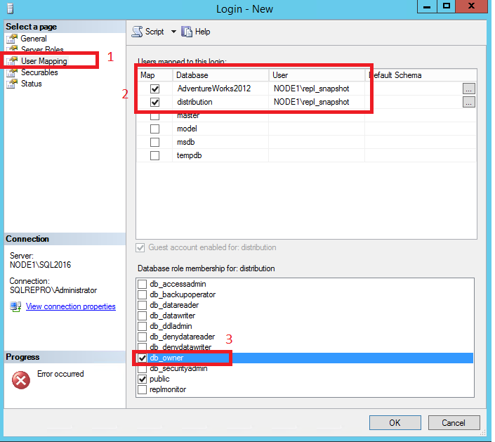 Screenshot della selezione dei database e del relativo ruolo.