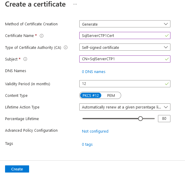 Screenshot di creazione del certificato nel portale di Azure.