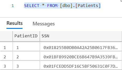 Screenshot della query SELECT * FROM [dbo].[Patients] e i risultati della query visualizzati come valori di testo crittografato binario.