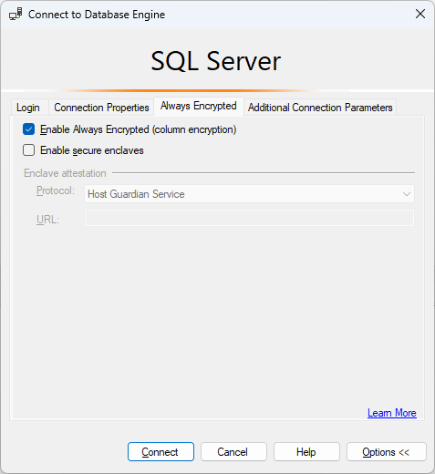 Screenshot dell'opzione di connessione SSMS per Always Encrypted abilitata.